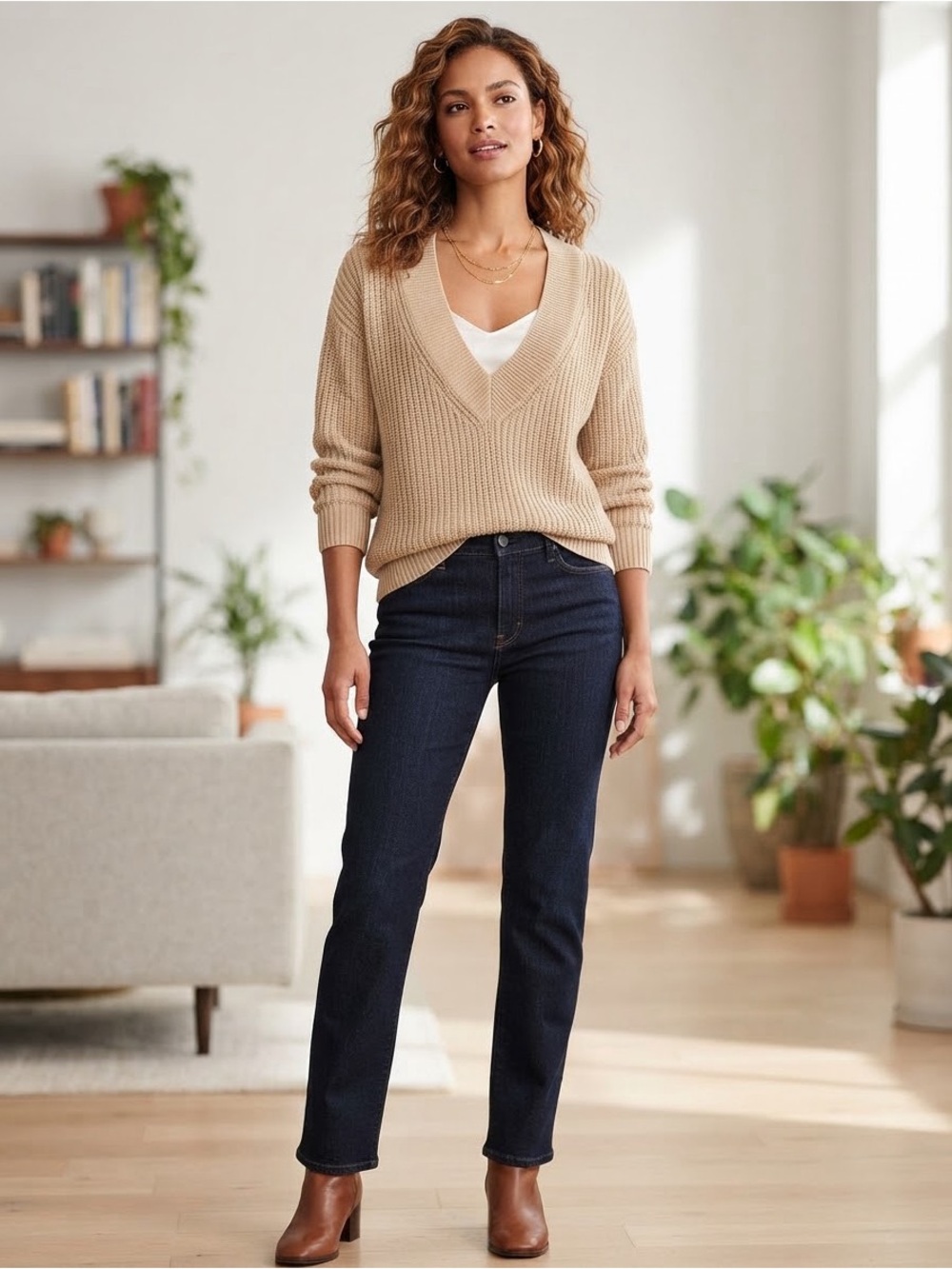 aerie Cream Deep V-Neck Chunky Knit Sweater